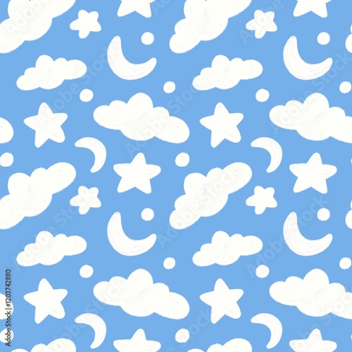 hand drawn seamless pattern with cute clouds, stars, moons, and big dots. perfect for baby decoration, wrapping paper, wallpaper, fabric, and prints.