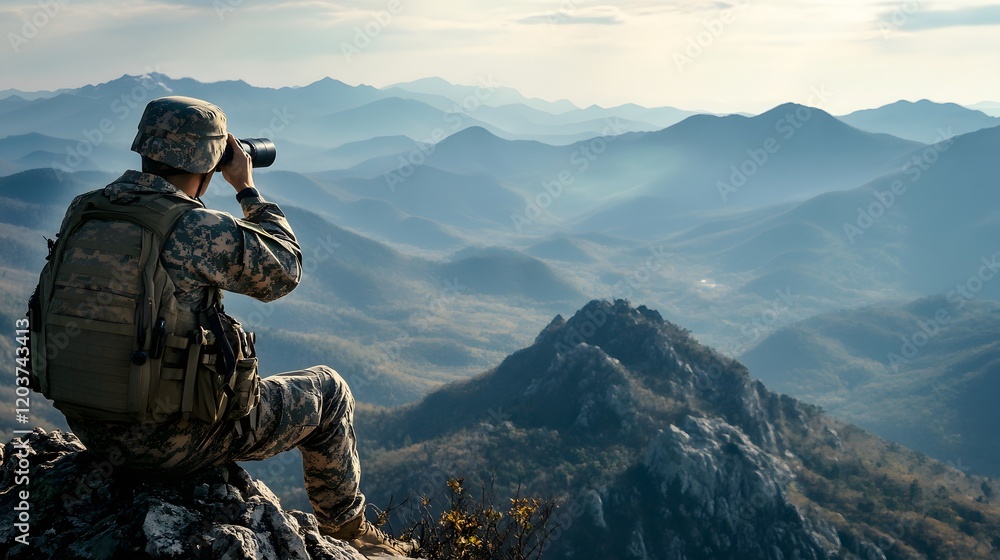 A soldier using binoculars from a lookout post on a mountain ridge. A soldier using binoculars from a lookout post on a mountain ridge.