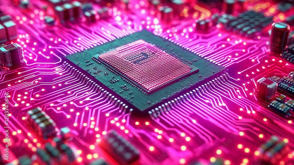 3D Render of Computer Chip on Circuit Board with Glowing Elements, High-Tech, Digital Innovation, Future Technology, Electronic Engineering 3D Render of Computer Chip on Circuit Board with Glowing Elements, High-Tech, Digital Innovation, Future Technology, Electronic Engineering