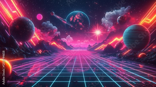 Neon gridscape with celestial bodies and glowing lines in a cosmic dreamscape Generated AI photo