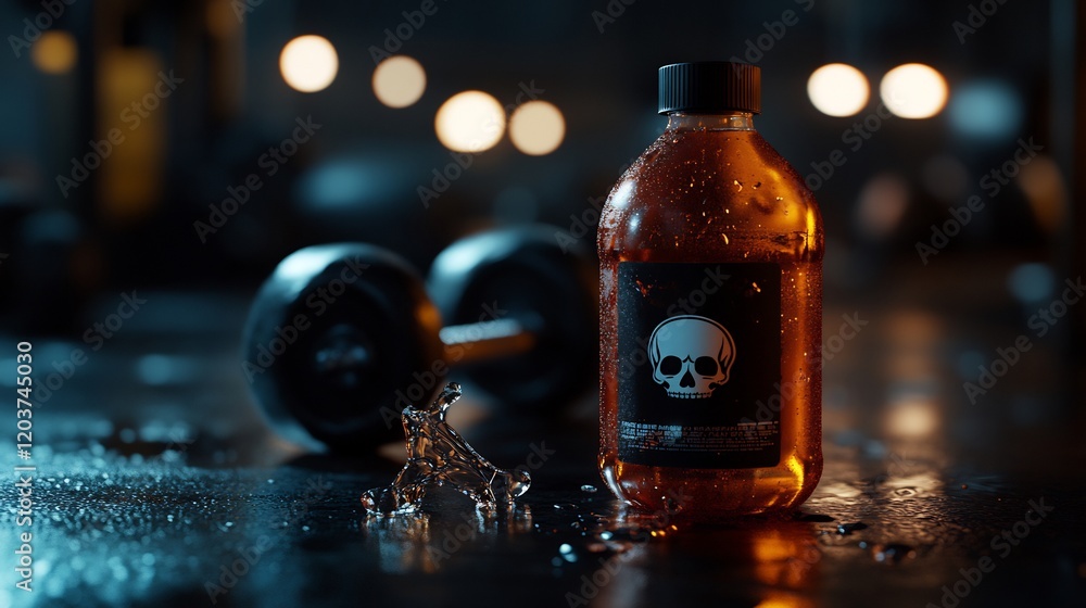 A mysterious amber liquid bottle with skull label and water splash in gym setting A mysterious amber liquid bottle with skull label and water splash in gym setting
