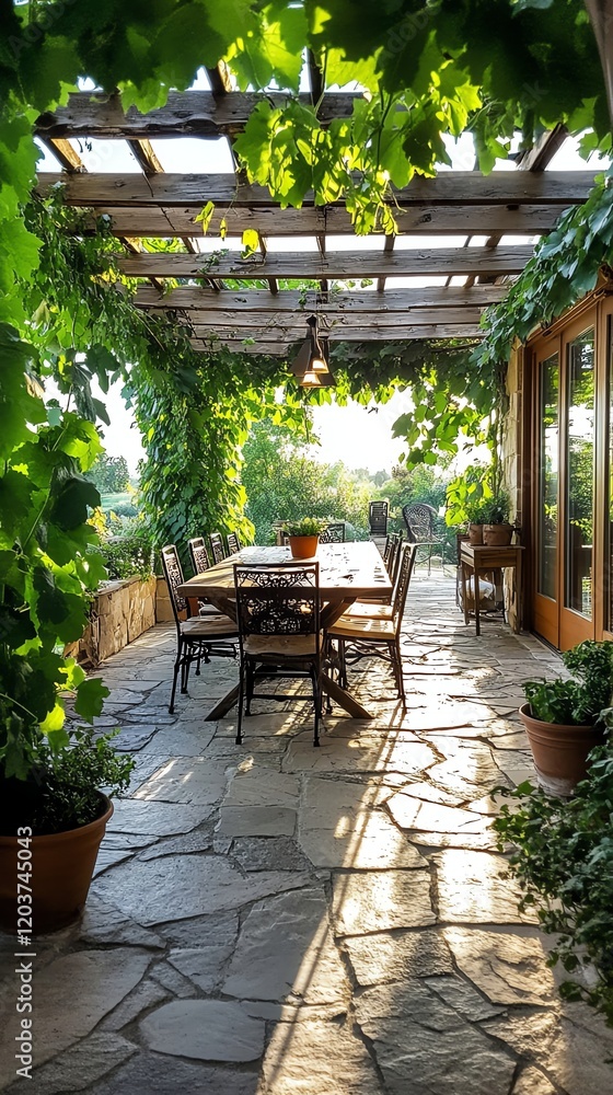 Fototapeta premium Rural patio design featuring flagstone paving, potted plants, and a wroughtiron dining set under a pergola