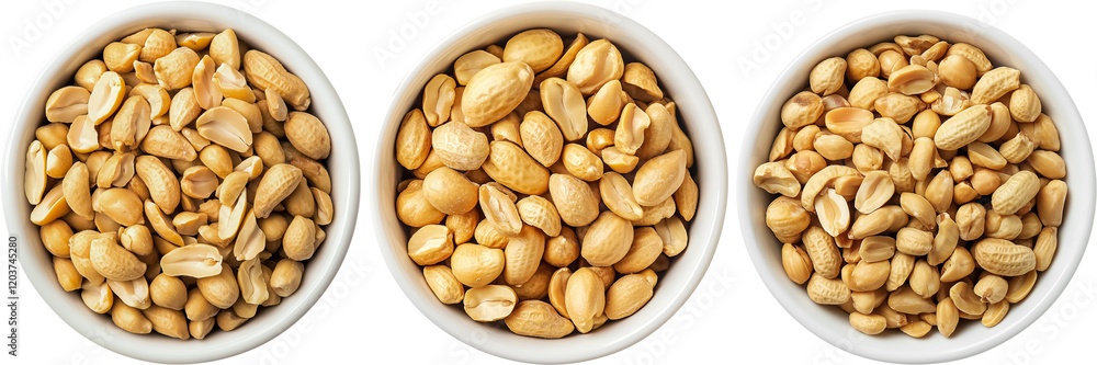 bowl of roasted peanuts isolated on transparent background, each bowl filled with different sizes of roasted peanuts. The peanuts are golden brown and look delicious. bowl of roasted peanuts isolated on transparent background, each bowl filled with different sizes of roasted peanuts. The peanuts are golden brown and look delicious.