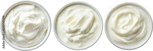 bowl of creamy yogurt isolated on transparent background, each with a unique swirl pattern, viewed from directly above