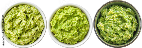 Top view bowl of freshly made guacamole isolated on transparent background, a creamy green dip made from avocado. The dip is perfect for any occasion, and the bowls are ready to serve.  
