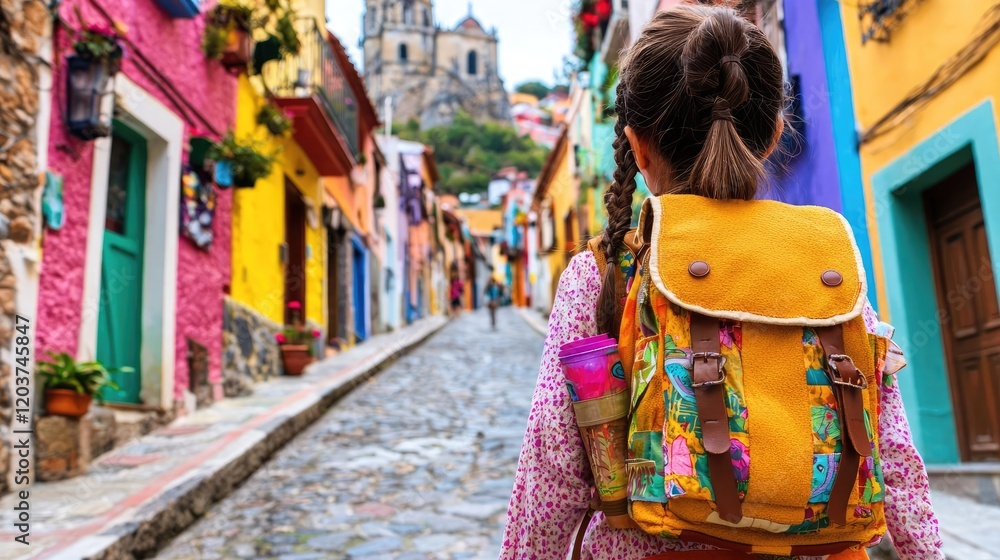 Obraz premium Girl explores colorful cobblestone street, church in background, travel adventure