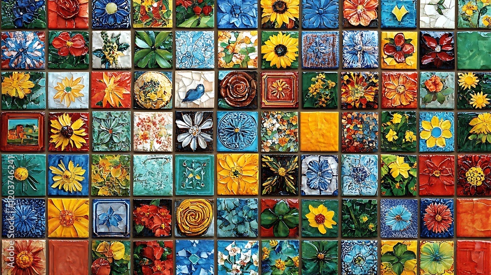 Blooming Tiles: A vibrant and eclectic patchwork of ceramic tiles, each adorned with a unique floral motif, creates a captivating visual tapestry, celebrating the beauty and diversity of nature. Blooming Tiles: A vibrant and eclectic patchwork of ceramic tiles, each adorned with a unique floral motif, creates a captivating visual tapestry, celebrating the beauty and diversity of nature.