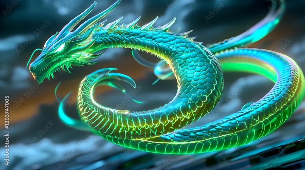 Fototapeta premium glowing green dragon fantasy art - fantasy art