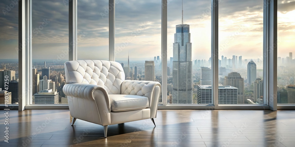 Obraz premium A luxurious, white leather armchair placed in front of a large window with a blurred cityscape outside, interior design, modern, luxury