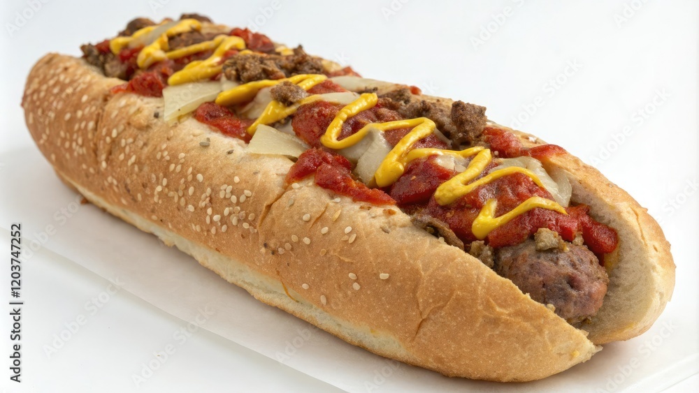 A long, crusty sub roll filled with a medley of meats and cheeses, topped with a rich tomato sauce and a sprinkle of yellow mustard, cheese, deli meat, sub sandwich A long, crusty sub roll filled with a medley of meats and cheeses, topped with a rich tomato sauce and a sprinkle of yellow mustard, cheese, deli meat, sub sandwich