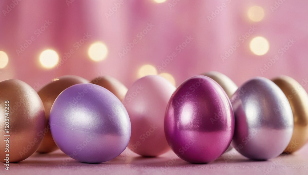Glossy Easter eggs with metallic accents on bokeh background Glossy Easter eggs with metallic accents on bokeh background