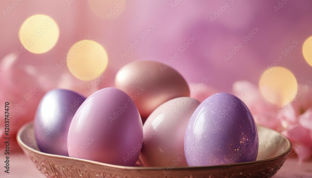 Glossy Easter eggs with metallic accents on bokeh background Glossy Easter eggs with metallic accents on bokeh background