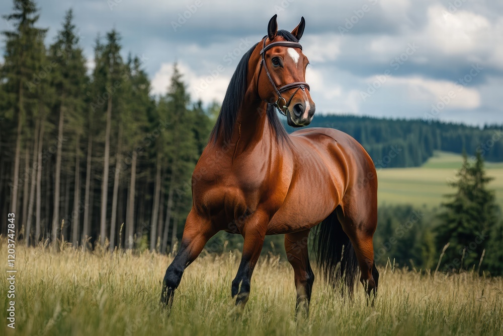 Majestic horse galloping through lush fields near serene forest landscape Majestic horse galloping through lush fields near serene forest landscape