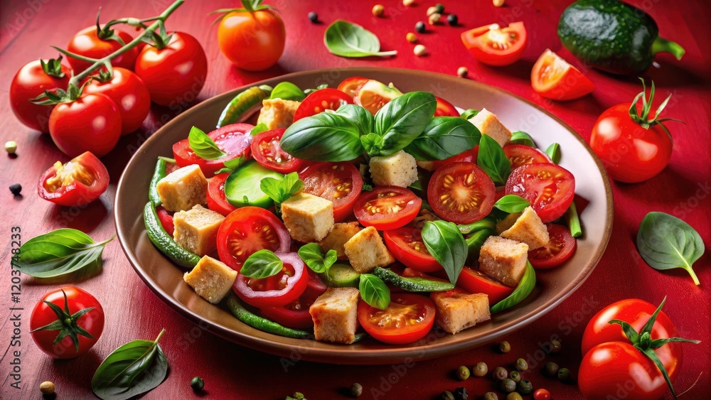 Surreal Panzanella Salad on a Festive Red Background - Photorealistic Delight for Food Lovers, Holiday Recipes, and Culinary Art Surreal Panzanella Salad on a Festive Red Background - Photorealistic Delight for Food Lovers, Holiday Recipes, and Culinary Art