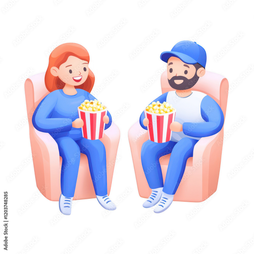 A couple enjoying popcorn together while watching a movie at home., isolated on a transparent background.