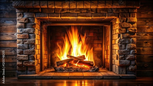 A crackling fireplace on a winter evening with flames dancing across the darkened wooden mantel, hearth, darkness, rustic decor, fire pit, warm glow