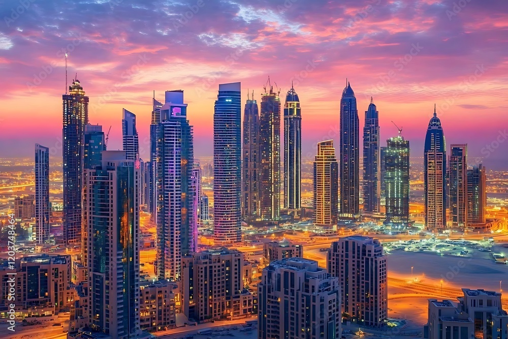Obraz premium A Stunning Dubai Skyline in the Desert at Sunset.