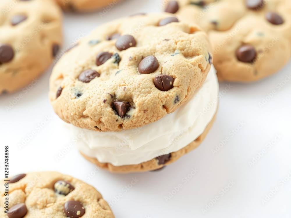 A cold, creamy vanilla ice cream filling is sandwiched between two soft-baked chocolate chip cookie wafers on a white background, sweet indulgence, vanilla ice cream, waffle cookies A cold, creamy vanilla ice cream filling is sandwiched between two soft-baked chocolate chip cookie wafers on a white background, sweet indulgence, vanilla ice cream, waffle cookies