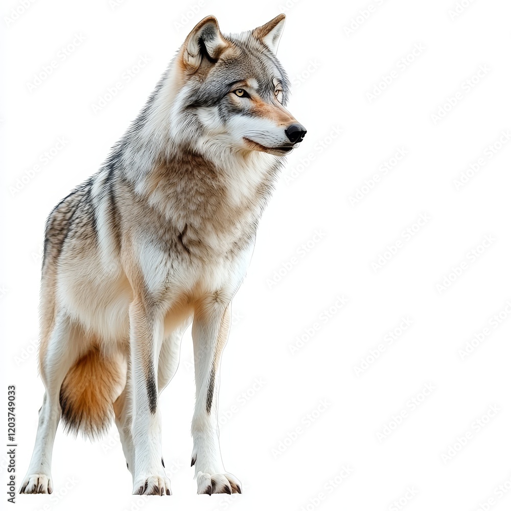 Fototapeta premium Isolated Wolf on White Background, Wild Animal, Nature, Strength, Freedom, Predator