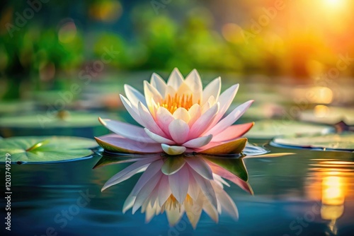 A close-up shot of a delicate water lily flower floating on the surface of a calm lake, aquatic life, nature wallpaper