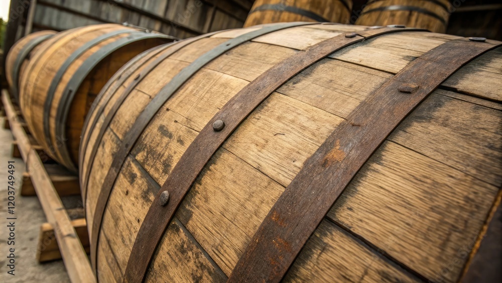 A close-up of a whiskey barrel's wooden slats with a hint of aging and patina, aged liquids, bourbon barrel, weathered wood A close-up of a whiskey barrel's wooden slats with a hint of aging and patina, aged liquids, bourbon barrel, weathered wood