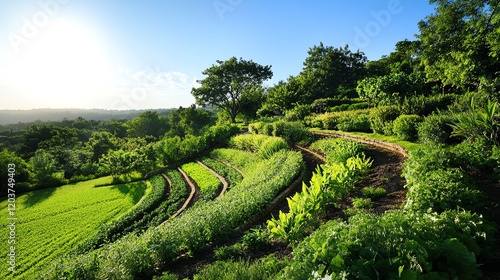 A lush permaculture garden with layered planting, featuring fruit trees, shrubs, and ground cover for a selfsustaining ecosystem