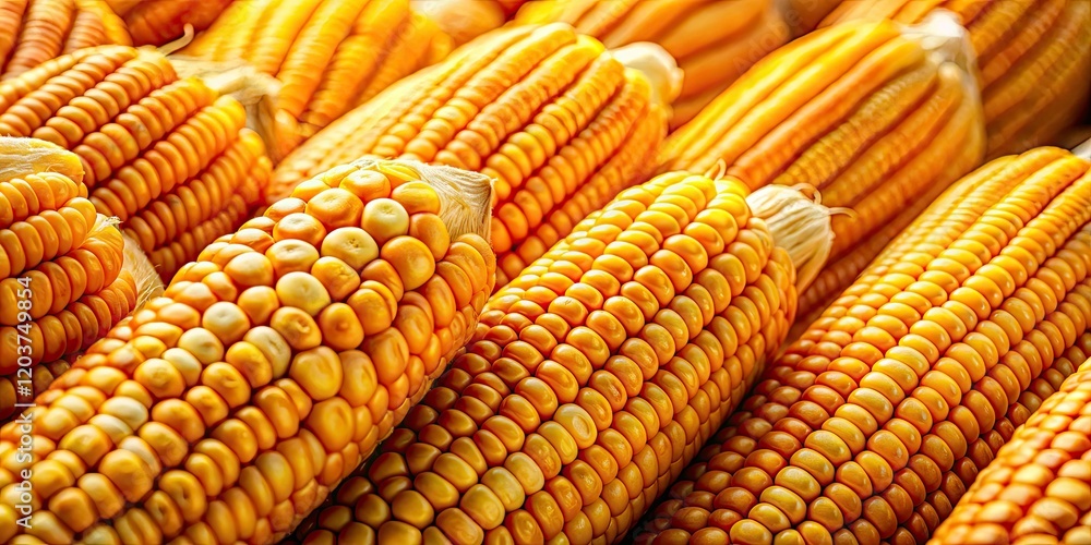 Fototapeta premium Textured Corn Kernels on the Cob Close-Up - Vibrant Yellow and Golden Hues, Detailed Macro Shot, Perfect for Agriculture, Food Photography, and Nature Themes