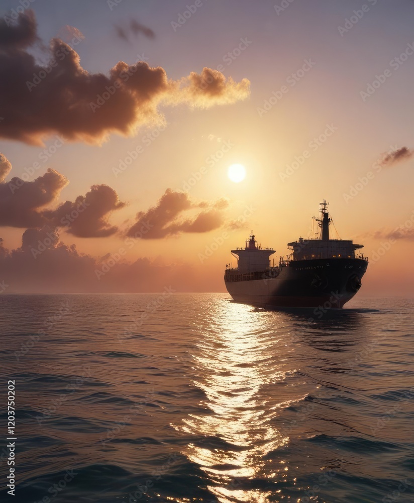A cargo ship glides across the horizon as day succumbs to night, global trade, cargo ship, ships at dusk A cargo ship glides across the horizon as day succumbs to night, global trade, cargo ship, ships at dusk