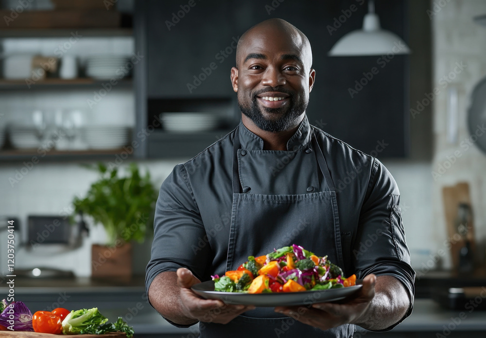 A chef stands proudly in a sleek kitchen, holding a large plate of freshly prepared vegetables. Bright colors and a variety of ingredients showcase culinary skills and creativity. A chef stands proudly in a sleek kitchen, holding a large plate of freshly prepared vegetables. Bright colors and a variety of ingredients showcase culinary skills and creativity.