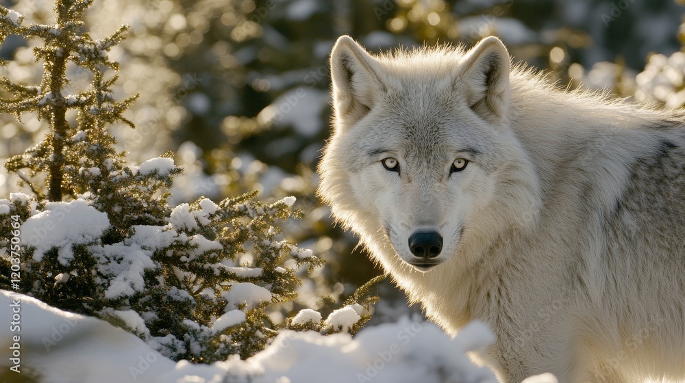 Obraz premium Wolf Walking Through Winter Forest, Sunlight Filtering Through Trees, Majestic, Wild Nature, Wilderness, Snowy Landscape