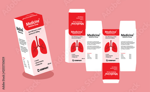 cough syrup packaging Box Brand Medicine Syrup Packaging vector illustration red and white color theme with pink background 