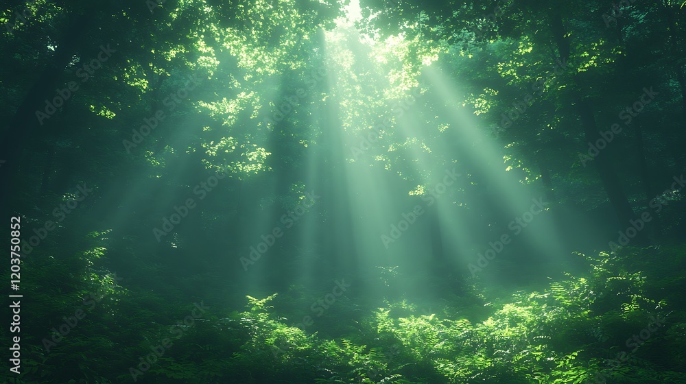 Obraz premium Sunbeams Through Underwater Forest: Ethereal beams of sunlight pierce through the dense canopy of an underwater forest, illuminating the vibrant green foliage and casting enchanting shadows.