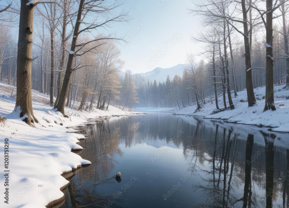 A snow-covered forest with bare trees and a serene lake in the background, a perfect winter scene, winter scenery, snowy forest, calmness A snow-covered forest with bare trees and a serene lake in the background, a perfect winter scene, winter scenery, snowy forest, calmness