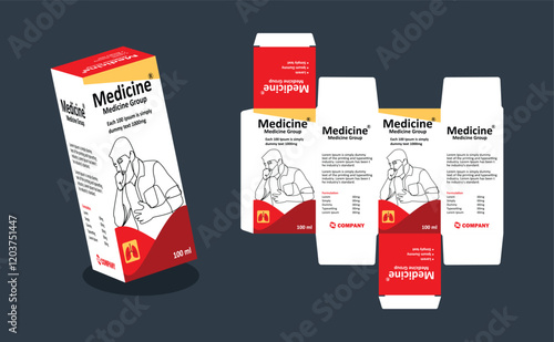 cough syrup packaging Box Brand Medicine Syrup Packaging vector illustration red and white color theme with gray background 