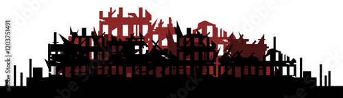 War destroyed the buildings of the city. Destroyed houses and buildings. Ruins vector illustration isolated on white background.