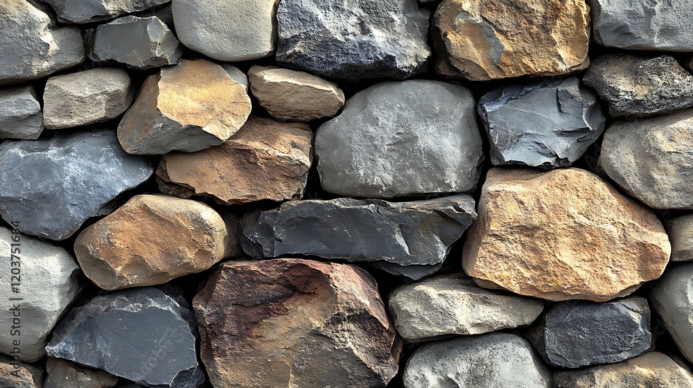 Stone Wall Texture: A detailed close-up of a rustic dry-stone wall, showcasing a variety of natural stones in earth tones, exhibiting rough textures and diverse shapes.