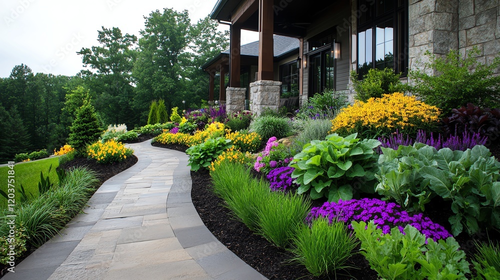 Obraz premium Edible landscape design with ornamental vegetables, herbs, and flowers providing beauty and functionality