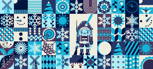 Mosaic geometric winter background with nutcracker. Collection of Christmas holidays. Happy New Year and Christmas! 