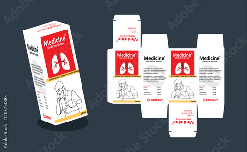 cough syrup packaging Box Brand Medicine Syrup Packaging vector illustration red and white color theme with gray background 