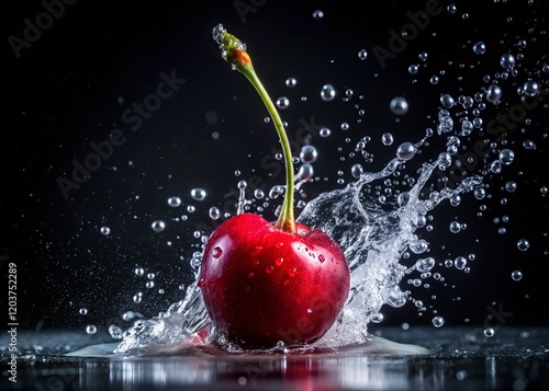 Juicy Red Cherry Blasted by Water Jet - Dark Background Stock Photo