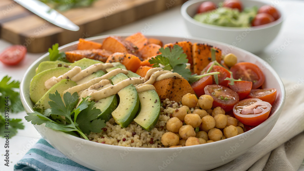Fresh Buddha bowl with quinoa, vegetables and tahini Fresh Buddha bowl with quinoa, vegetables and tahini