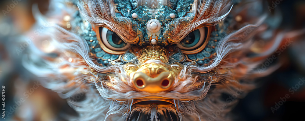 Fototapeta premium Dragon mask, close-up, ornate, festival, digital art