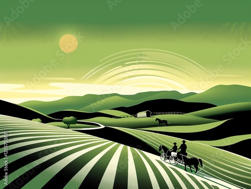 Nostalgic countryside eco-tourism poster featuring smiling visitors riding a horse-drawn cart through a sustainable farm surrounded by rolling green hills photo