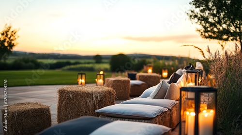 Outdoor seating area with hay bales used as benches, surrounded by lanterns and a countrythemed garden photo