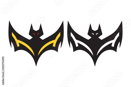 Abstract bat logos with sharp, modern design elements in black, yellow, and white tones.
