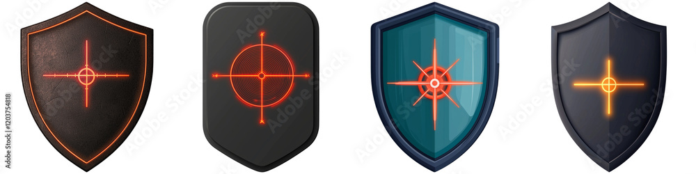 Cyber security and sleek, The image features four distinct shields, each with a unique design and a central targeting crosshair motif. Cyber security and sleek, The image features four distinct shields, each with a unique design and a central targeting crosshair motif.