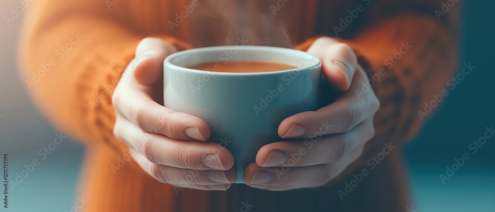 Warm cup of coffee held in hands, cozy atmosphere with steam visible. Warm cup of coffee held in hands, cozy atmosphere with steam visible.