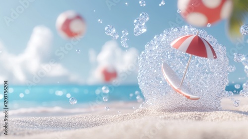 Miniature beach umbrella splashes amid surreal sand sea