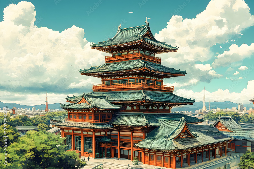 Japanese Pagoda, Cityscape, Sunny Day, Travel Poster Japanese Pagoda, Cityscape, Sunny Day, Travel Poster
