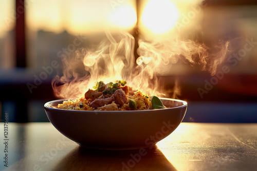 A bowl of steaming Indian chicken biryani served with vibrant accompaniments like raita, chutney, and aromatic spices, emphasizing rich culinary tradition photo